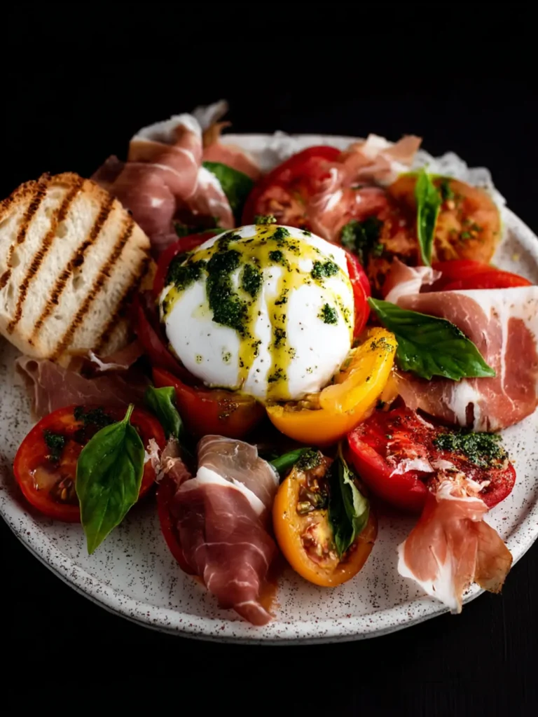 Heirloom Tomato, Prosciutto & Burrata with Garlic-Basil Oil First Image