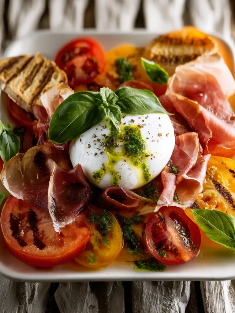 Heirloom Tomato, Prosciutto & Burrata with Garlic-Basil Oil First Image