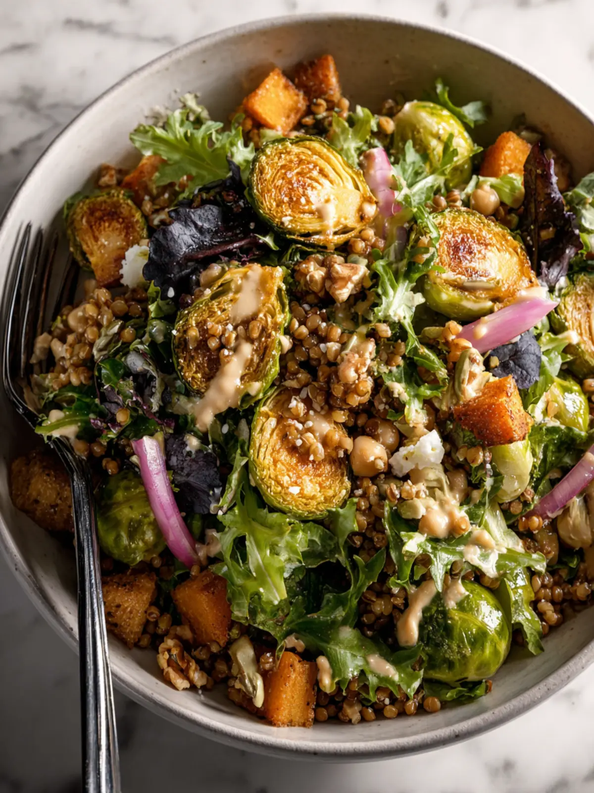 Roasted Brussels Sprout Grain Salad with Maple Tahini Dressing First Image